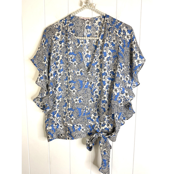 Parker Kory Blue Floral Waterfall Flutter Sleeve Wrap Blouse 100% Silk Size Med - Picture 1 of 9